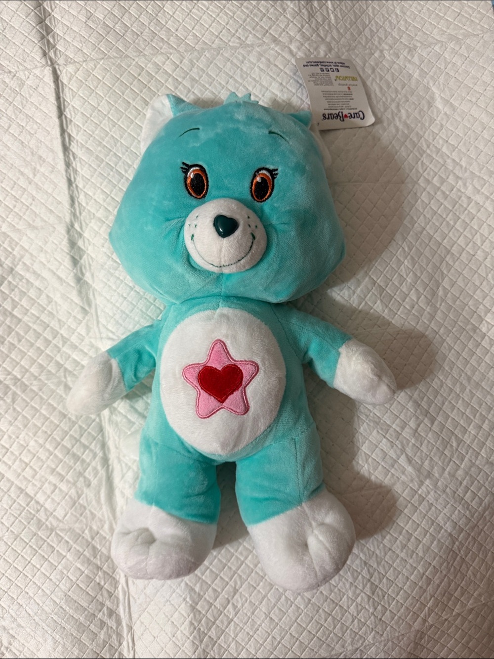 Care Bears Aqua Plush with Pink Star & Red Heart Belly Badge